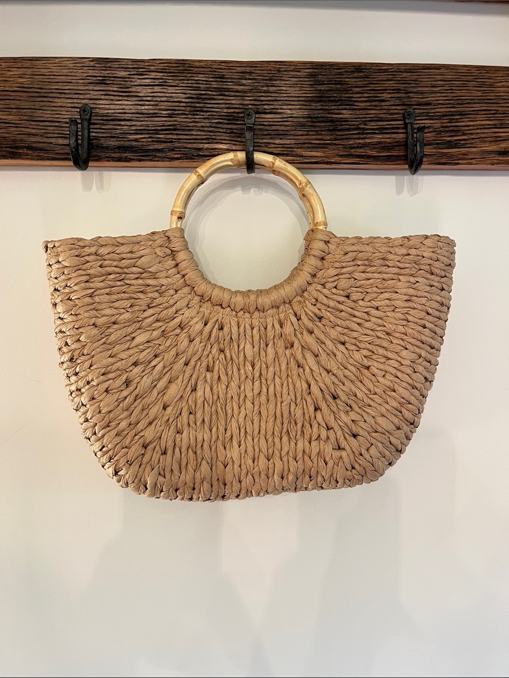 Haute Hippie Natural Woven Tote with Bamboo Ring Handles